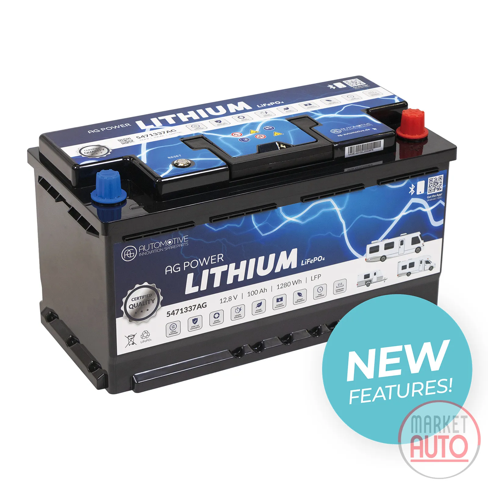 Lithium Batterie AG Automotive 100Ah 100A 12,8 V LiFePO4 Energie: 1280 Wh